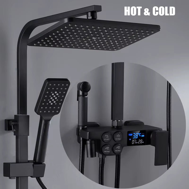 Hot Cold Shower System Bathroom LED Digital Shower Set Wall Mount Smart Thermostatic Bath Faucet Square Head SPA Rainfall Grifo