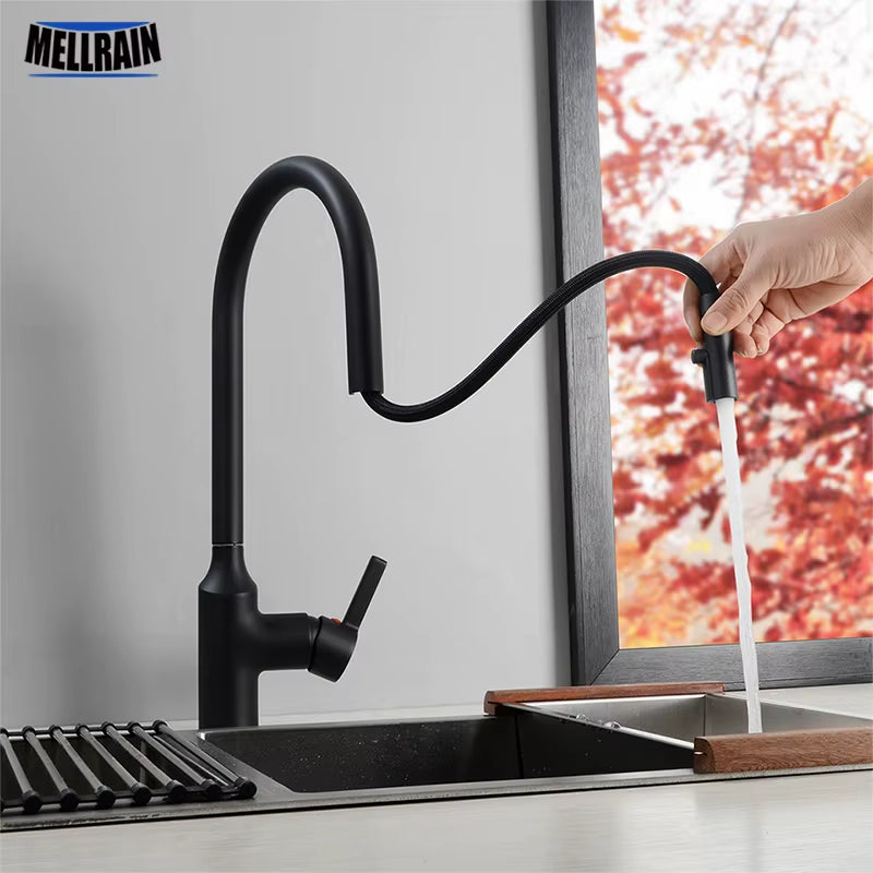 Hidden Aerator Pull Out Kitchen Faucet Matte Black & Chrome Kitchen Sink Water Mixer Tap Single Hole Basin Brass Faucet