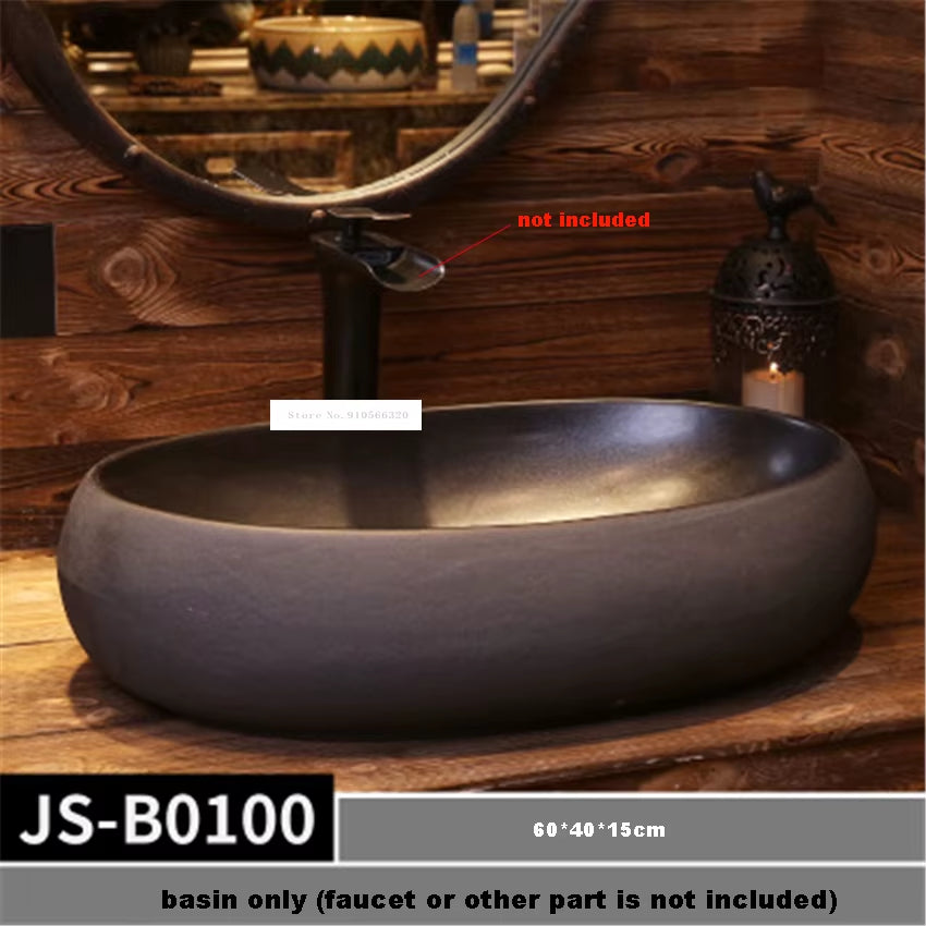 JS-B0097/JS-B0098/JS-B0099/JS-B0100 European Style Oval Basin Handmade Ceramic Sink Hand Washing Basin Bowl above Counter Basin