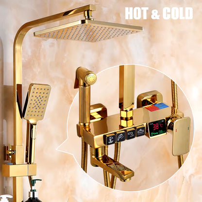 Golden Shower Set Bathroom Smart Digital Shower System Wall Mount Thermostatic Bath Faucet SPA Rainfall Bathtub LED Tap Full Kit