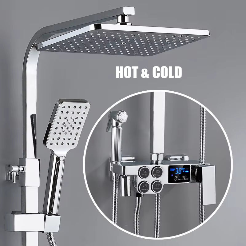 Hot Cold Shower System Bathroom LED Digital Shower Set Wall Mount Smart Thermostatic Bath Faucet Square Head SPA Rainfall Grifo