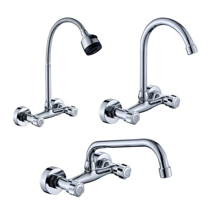 Wall Mounted Kitchen Faucet Brass Swivel Spray Sink Faucet Dual Handle Double Hole Cold and Hot Water Mixer Tap Washbasin Faucet