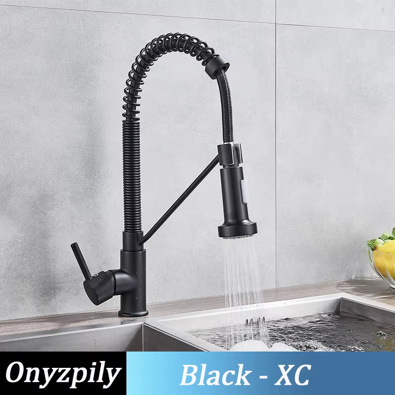 Spring Brushed Kitchen Sink Faucet Pull down Sprayer Nozzle Single Handle Faucets Mixer Hot Cold Stainless Steel Modern