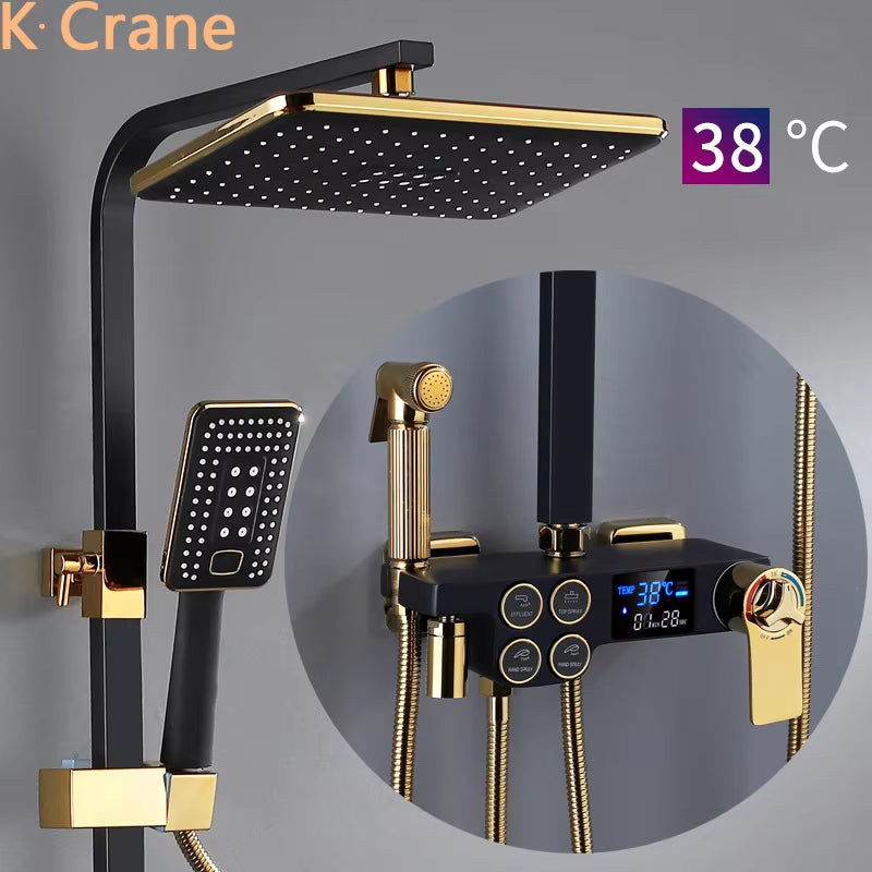 Hot Cold Shower System Bathroom LED Digital Shower Set Wall Mount Smart Thermostatic Bath Faucet Square Head SPA Rainfall Grifo