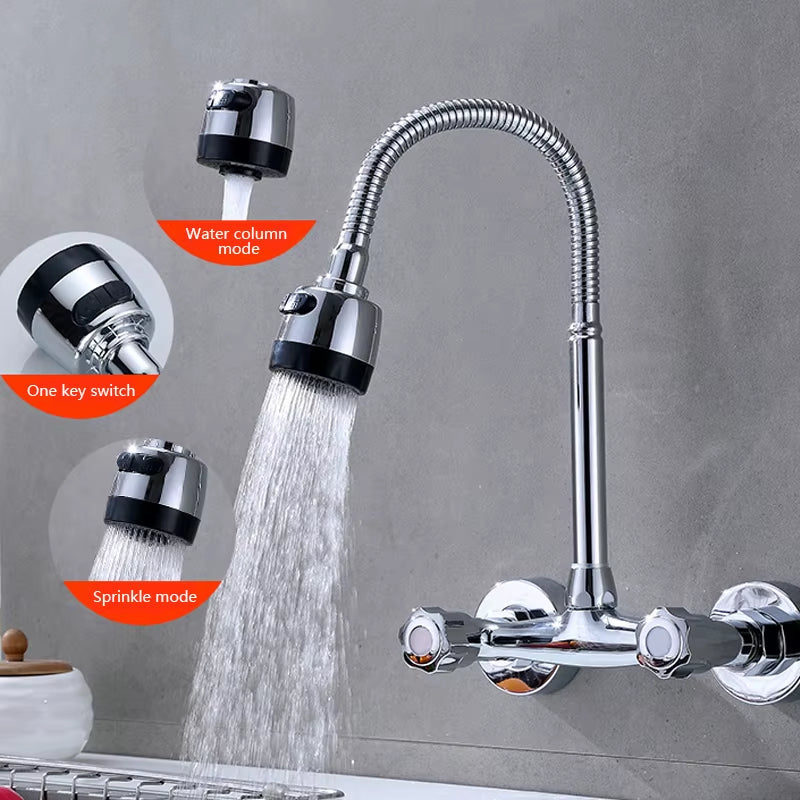 Wall Mounted Kitchen Faucet Brass Swivel Spray Sink Faucet Dual Handle Double Hole Cold and Hot Water Mixer Tap Washbasin Faucet