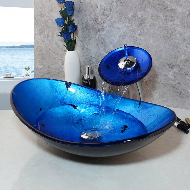 Monite Blue Bathroom Washbasin Countertop Tempered Glass Basin Sink Faucet Set Brass Waterfall Faucet Washroom Vessel Vanity Bar