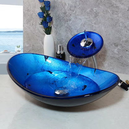 Monite Blue Bathroom Washbasin Countertop Tempered Glass Basin Sink Faucet Set Brass Waterfall Faucet Washroom Vessel Vanity Bar