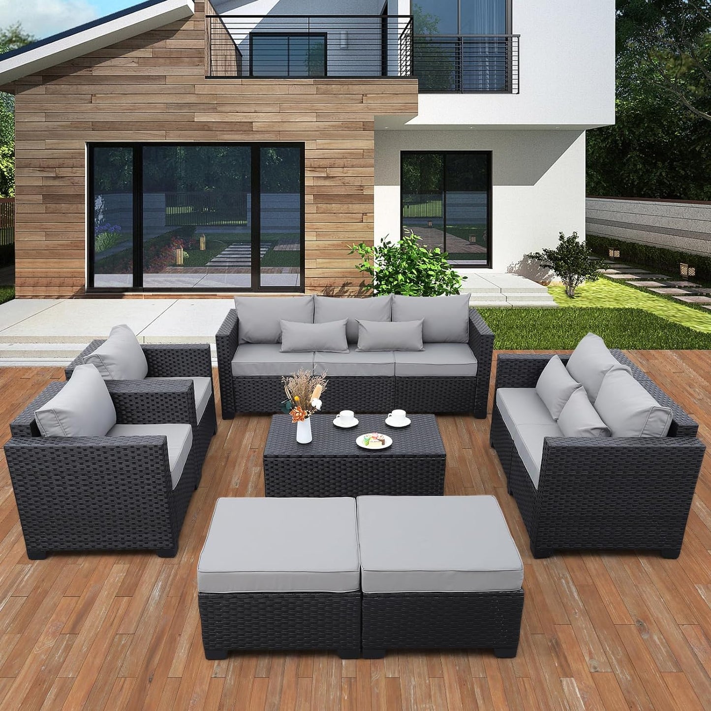 Patio Furniture Sets 7 Pieces Outdoor Furniture Sectional Patio Couches Set with Storage Table Light Grey Cushions