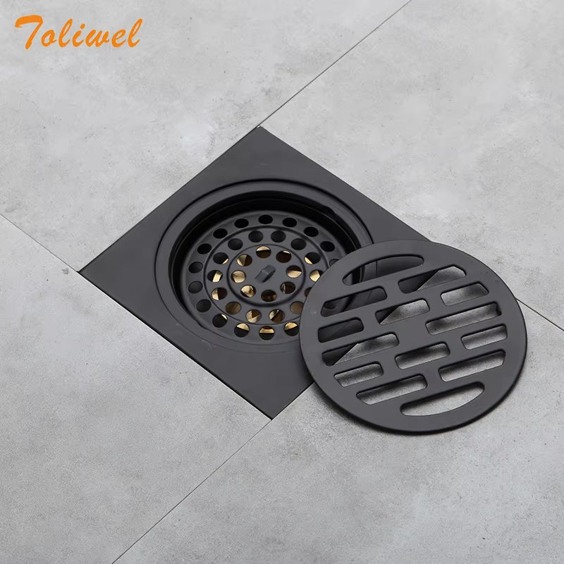 Black Bathroom Square Shower Drain Stainless Steel Floor Drainer Trap Waste Grate round Cover Hair Strainer