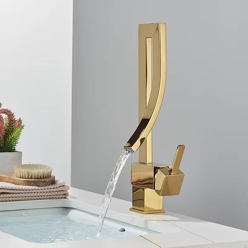 Square Basin Faucet Luxury Bathroom Faucets Brass Deck Mount Hot Cold Sink Mixer Tap Fashion Waterfall Washbasin Crane