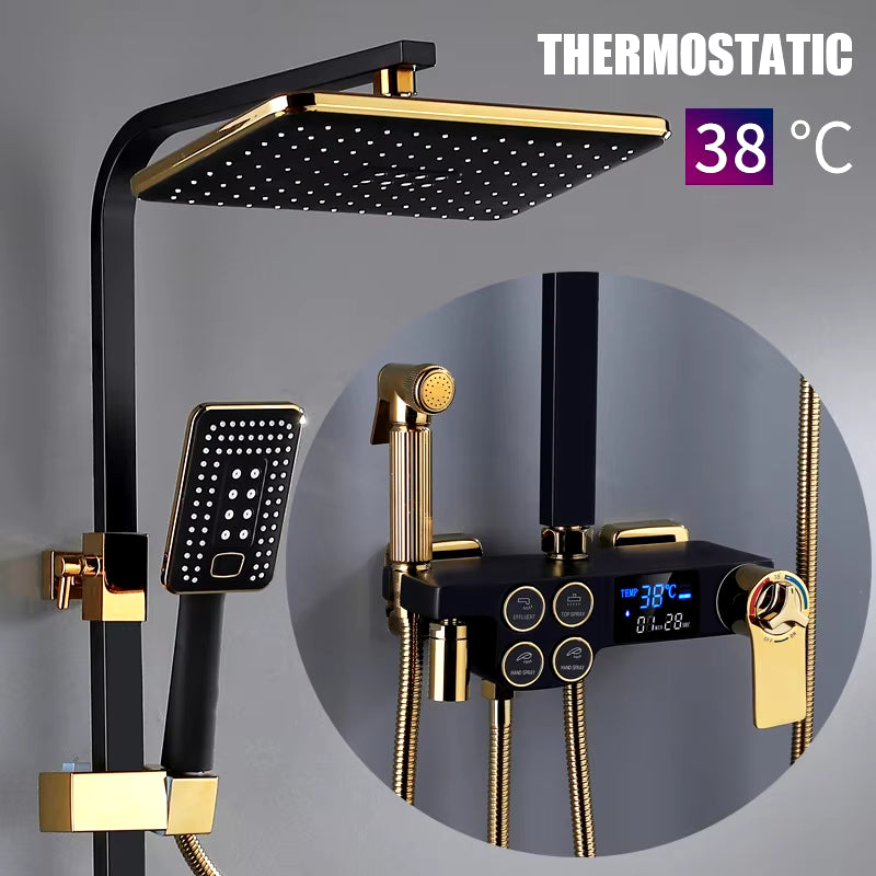 Hot Cold Shower System Bathroom LED Digital Shower Set Wall Mount Smart Thermostatic Bath Faucet Square Head SPA Rainfall Grifo