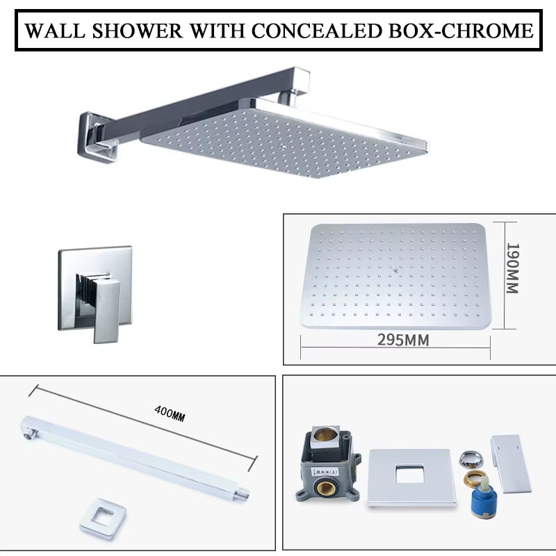 In Wall Mounted Concealed Square Top Overhead Shower System Set Brass Faucet Hot and Cold Shower Mixer Kit Matte Black Chrome