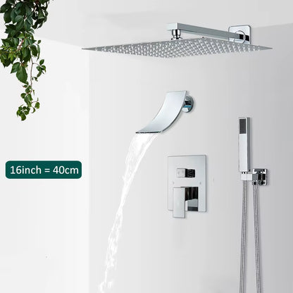 Wall Mount Bathroom Rain Waterfall Shower Faucets Set Concealed Chrome Shower System Bathtub Shower Mixer Faucet Tap