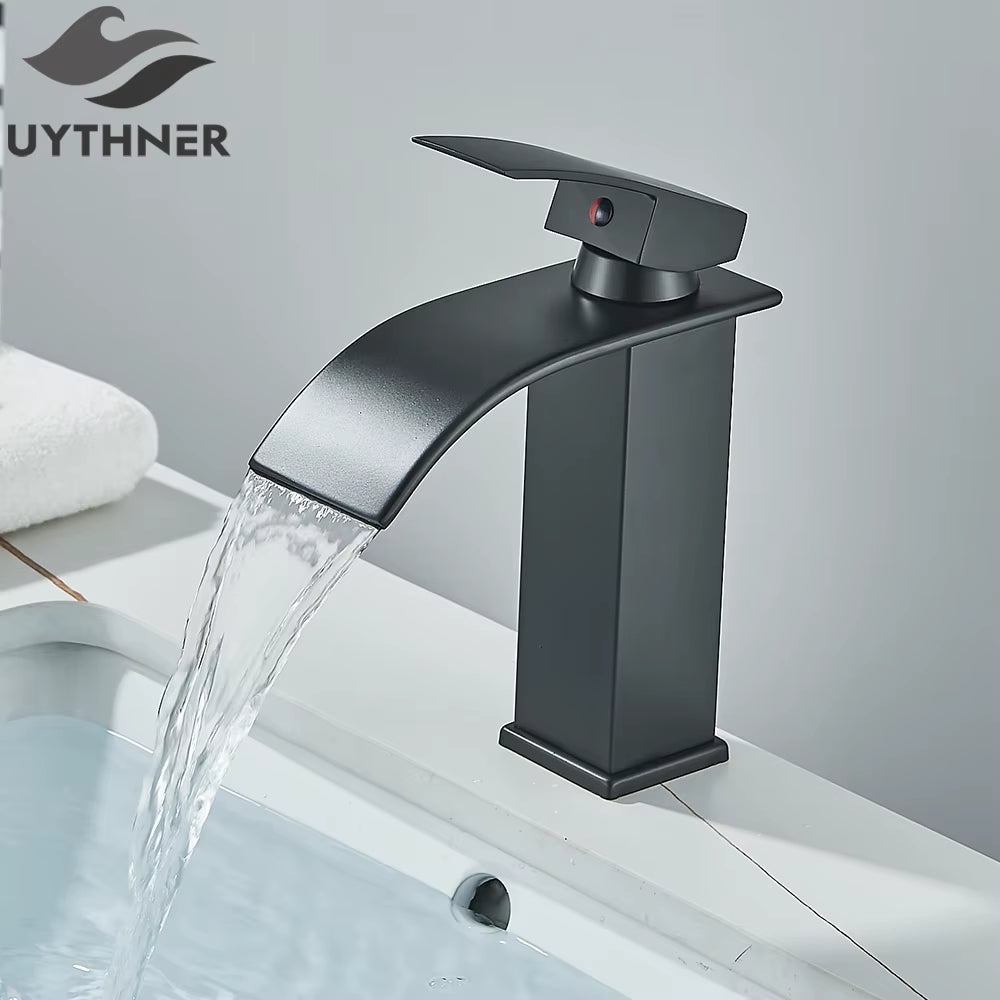 Bathroom Waterfall Basin Sink Faucet Black Faucets Brass Bath Faucet Hot&Cold Water Mixer Vanity Tap Deck Mounted Washbasin Taps