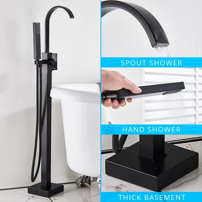 Floor Mounted Bathtub Faucet Set Black Bath Tub Faucet Hot and Cold Water Shower Bathtub Mixer Tap Waterfall Floor Stand