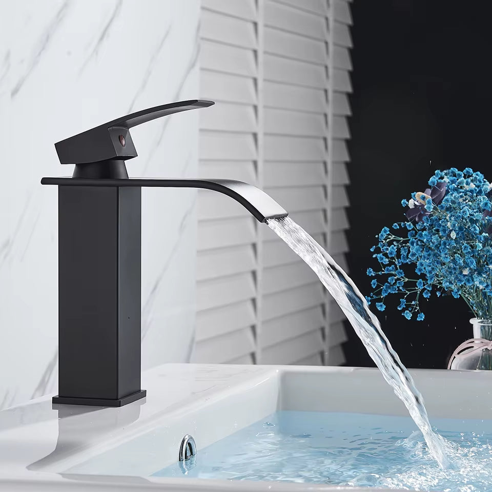 Bathroom Waterfall Basin Sink Faucet Black Faucets Brass Bath Faucet Hot&Cold Water Mixer Vanity Tap Deck Mounted Washbasin Taps