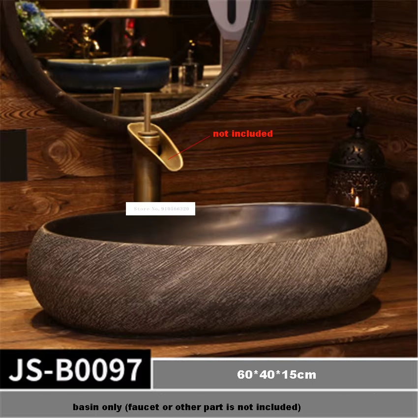 JS-B0097/JS-B0098/JS-B0099/JS-B0100 European Style Oval Basin Handmade Ceramic Sink Hand Washing Basin Bowl above Counter Basin