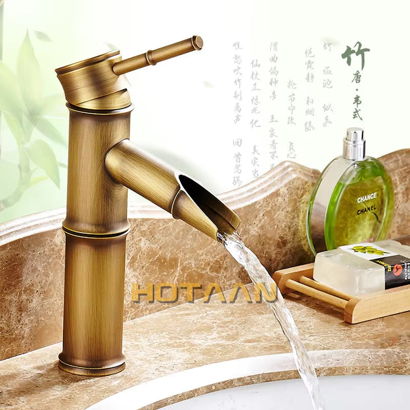 Basin Faucet Antique Brass Bamboo Shape Faucet Antique Bronze Finish Copper Sink Faucet Single Handle Hot and Cold Water Tap