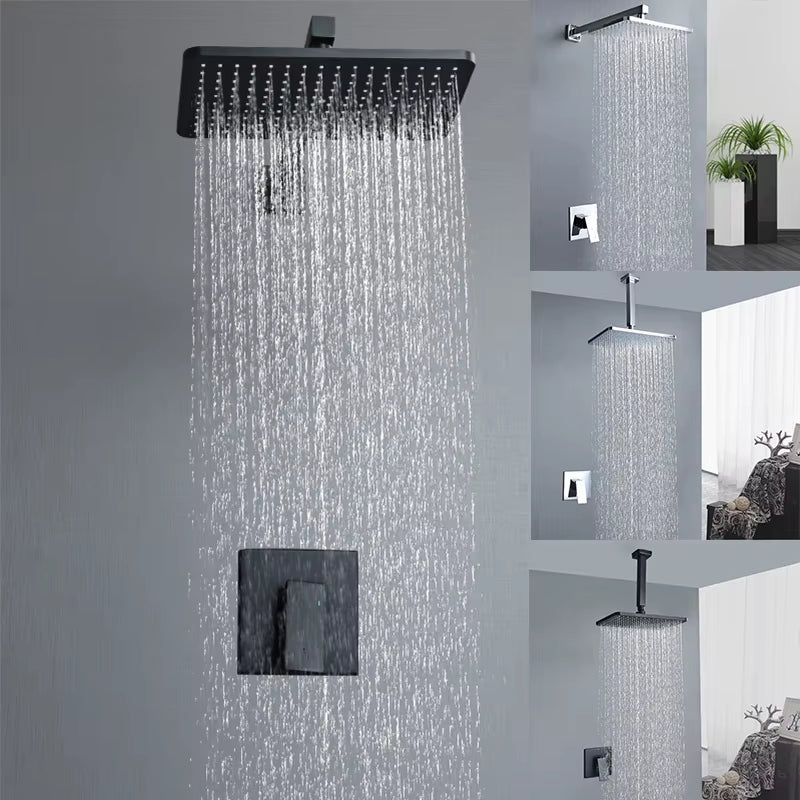 In Wall Mounted Concealed Square Top Overhead Shower System Set Brass Faucet Hot and Cold Shower Mixer Kit Matte Black Chrome