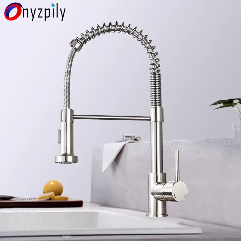 Spring Brushed Kitchen Sink Faucet Pull down Sprayer Nozzle Single Handle Faucets Mixer Hot Cold Stainless Steel Modern