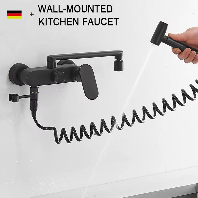 Matte Black Wall Mounted Kitchen Faucet Pull down Cold Hot Water Kitchen Taps 360 Rotation Dual Function Sprayer Taps