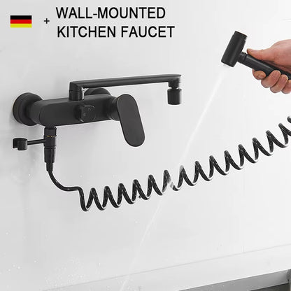 Matte Black Wall Mounted Kitchen Faucet Pull down Cold Hot Water Kitchen Taps 360 Rotation Dual Function Sprayer Taps