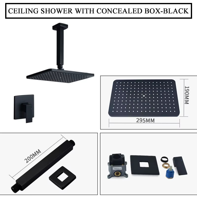 In Wall Mounted Concealed Square Top Overhead Shower System Set Brass Faucet Hot and Cold Shower Mixer Kit Matte Black Chrome