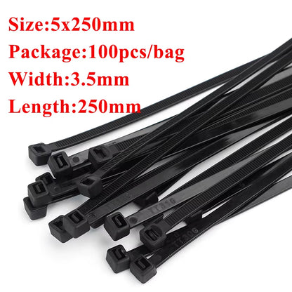 Self-Locking Plastic Nylon Tie 100Pcs/Bag Black Zip Wraps Strap Nylon Cable Tie Set Fastening Ring Loop Wire Wrap