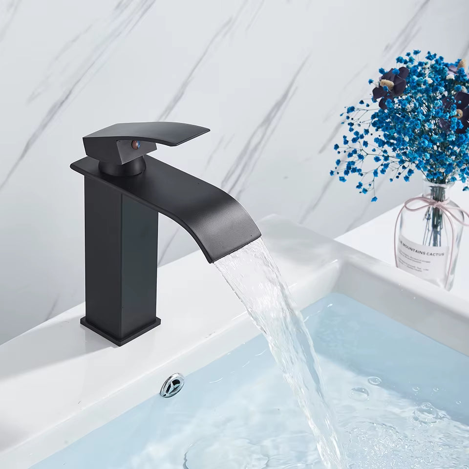 Bathroom Waterfall Basin Sink Faucet Black Faucets Brass Bath Faucet Hot&Cold Water Mixer Vanity Tap Deck Mounted Washbasin Taps