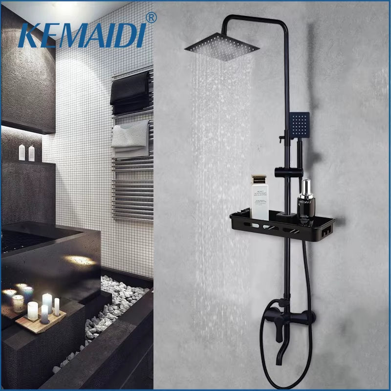 Matte Black Rainfall Shower Faucet Set Single Lever Bathtub Shower Systerm with Shower Shelf Hot Cold Water Mixer Faucet