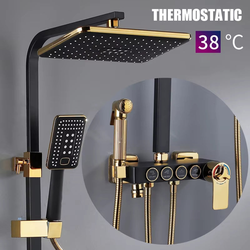 Hot Cold Shower System Bathroom LED Digital Shower Set Wall Mount Smart Thermostatic Bath Faucet Square Head SPA Rainfall Grifo