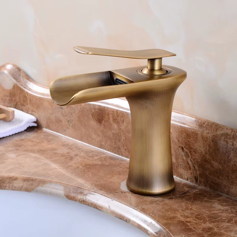 Waterfall Bathroom Basin Sink Faucets Hot Cold Tap Deck Mounted Water Mixer Crane Antique Bronze Chrome Finished ELM100