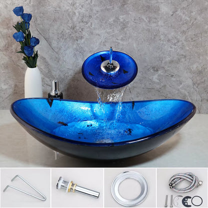 Monite Blue Bathroom Washbasin Countertop Tempered Glass Basin Sink Faucet Set Brass Waterfall Faucet Washroom Vessel Vanity Bar