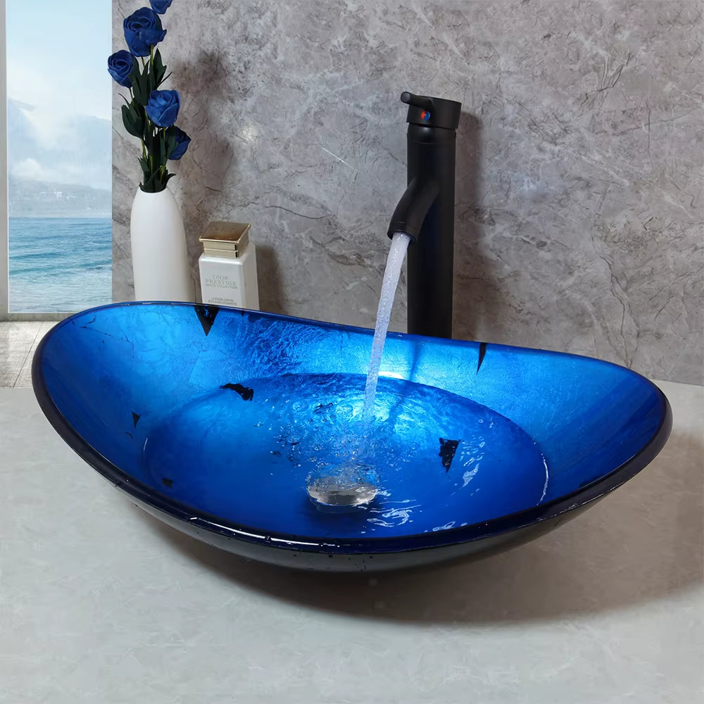 Monite Blue Bathroom Washbasin Countertop Tempered Glass Basin Sink Faucet Set Brass Waterfall Faucet Washroom Vessel Vanity Bar