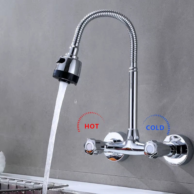 Wall Mounted Kitchen Faucet Brass Swivel Spray Sink Faucet Dual Handle Double Hole Cold and Hot Water Mixer Tap Washbasin Faucet