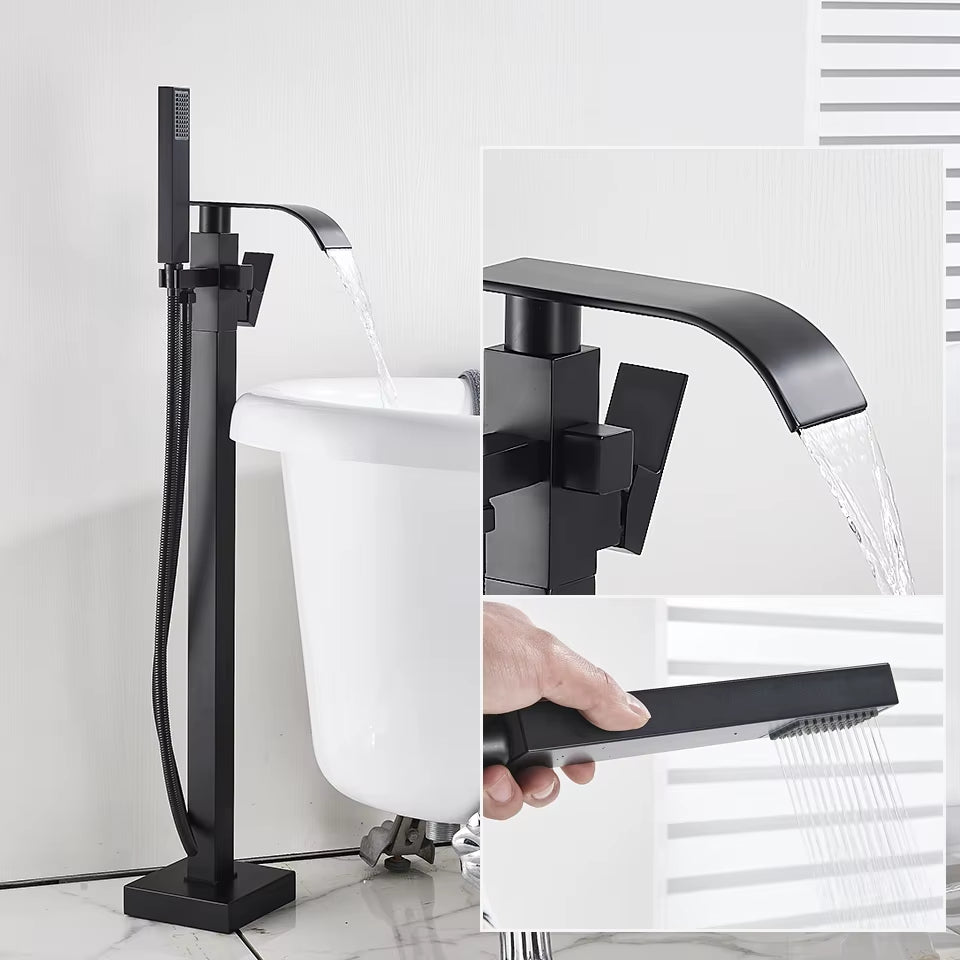 Floor Mounted Bathtub Faucet Set Black Bath Tub Faucet Hot and Cold Water Shower Bathtub Mixer Tap Waterfall Floor Stand