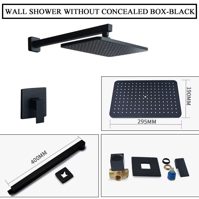 In Wall Mounted Concealed Square Top Overhead Shower System Set Brass Faucet Hot and Cold Shower Mixer Kit Matte Black Chrome