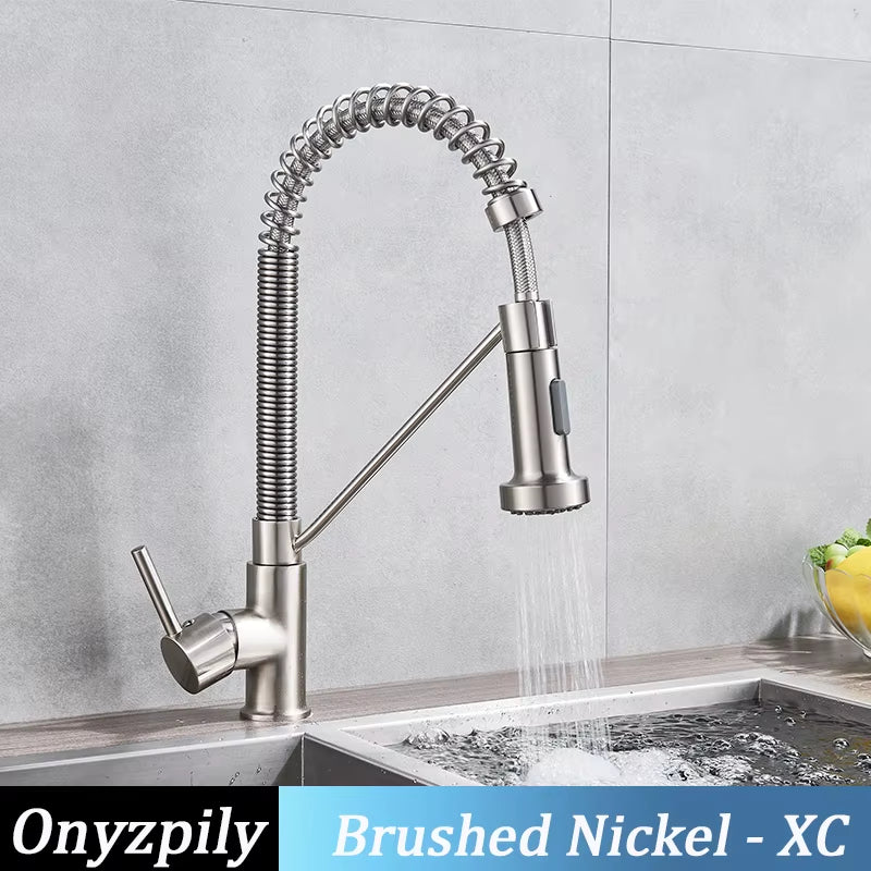 Spring Brushed Kitchen Sink Faucet Pull down Sprayer Nozzle Single Handle Faucets Mixer Hot Cold Stainless Steel Modern