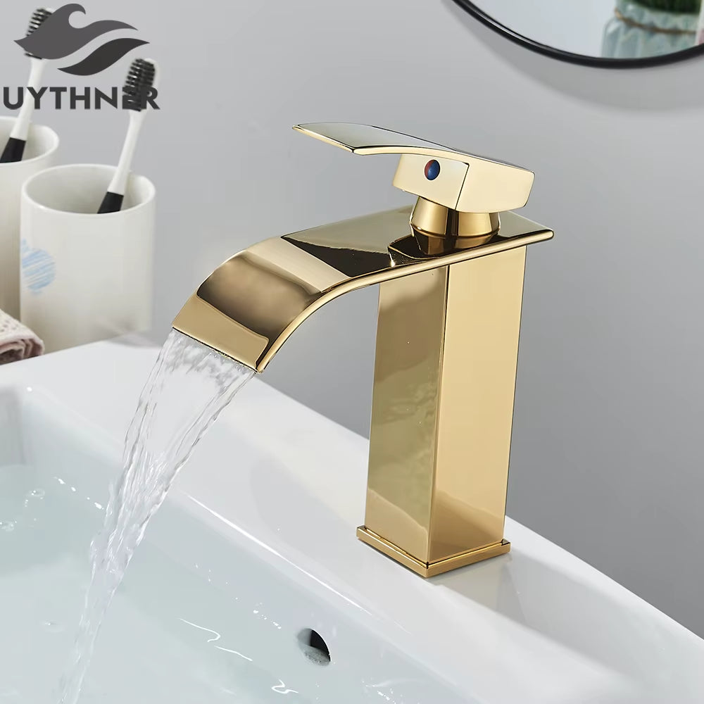 Bathroom Waterfall Basin Sink Faucet Black Faucets Brass Bath Faucet Hot&Cold Water Mixer Vanity Tap Deck Mounted Washbasin Taps