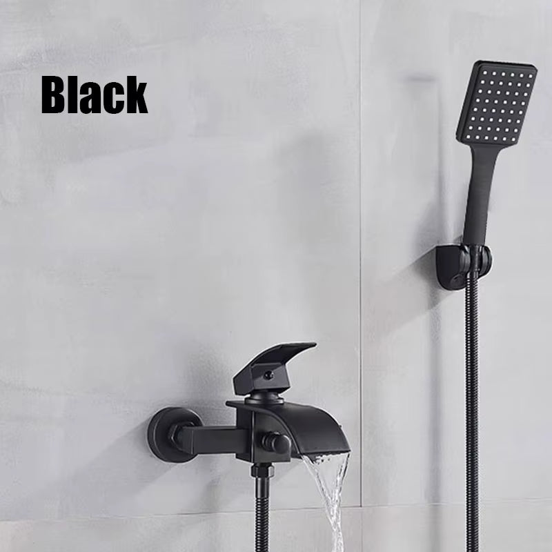 Matte Black Nickel Chrome Bathroom Tub Faucet Single Handle Waterfall Spout Mixer Tap with Hand Shower Wall Mounted Bath Faucet