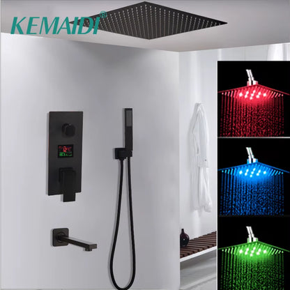 KEMAIDI Black Brass Bathroom Shower Faucet Digital Display Mixer Taps 3-Functions Shower Systerm with Wall Mounted Bathtub Tap